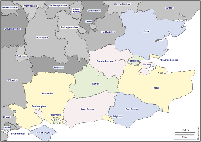 Map highlighting areas BS Surveying normally cover - South East, Greater London, Hampshire, Sussex